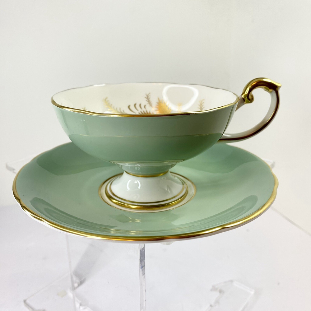 Sage Green Pedestal with Gold Leaf Design Aynsley Tea Cup and Saucer Set
